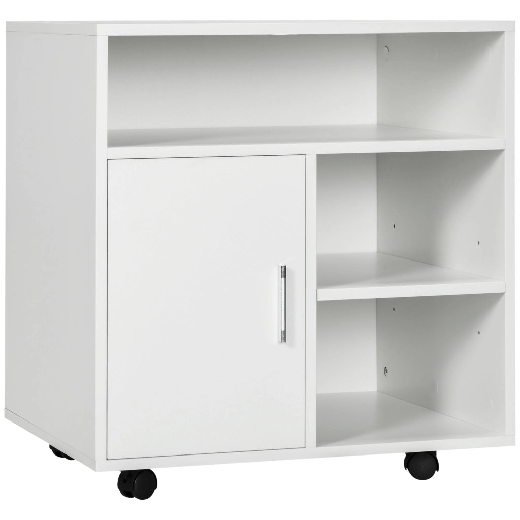 Mobiletto Porta Stampante con Ripiani Aperti e Armadietto 60x50x65.5cm in Legno Bianco