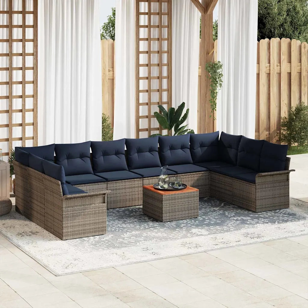 Set Divano da Giardino 11 pcs Grigio e Blu Navy polyrattan