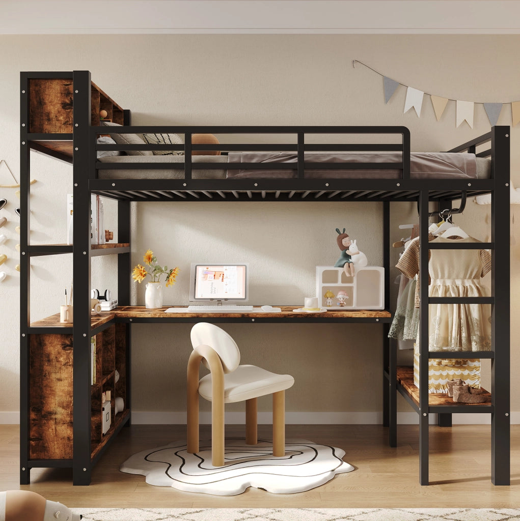 Letto a soppalco 90x200 cm in MDF e metallo nero con scrivania; appendiabiti e ripiani