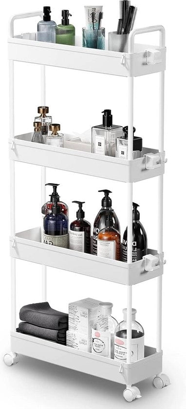 Trolley per magazzino con 4 livelli - estensibile e sottile - carrello per spesa con ruote e sostegni di stoccaggio mobili - organizzatore per cucina bagno area lavanderia camera da letto - plastica bianca Carrello per lavatrice