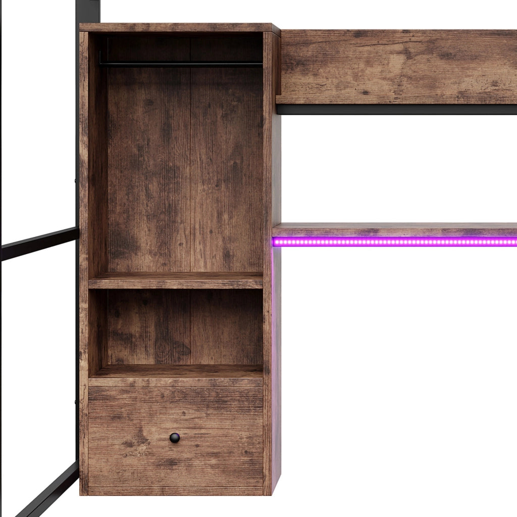 Letto a soppalco 90x200 cm in metallo e MDF; nero; con LED; scrivania; cassetto e ripiani