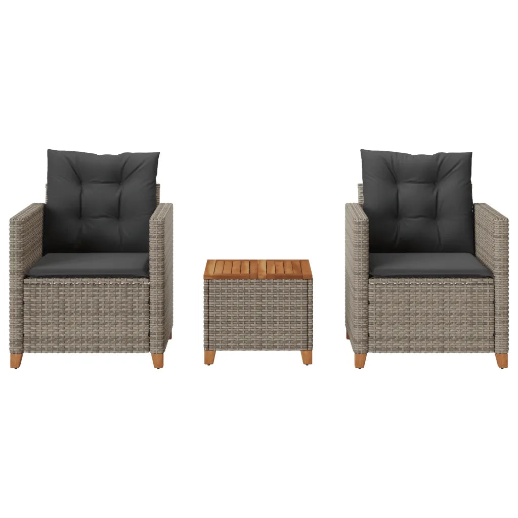 Set da BistrÃ² 3 pz con Cuscini Grigio Polyrattan e Legno Acaciacod mxl 90420