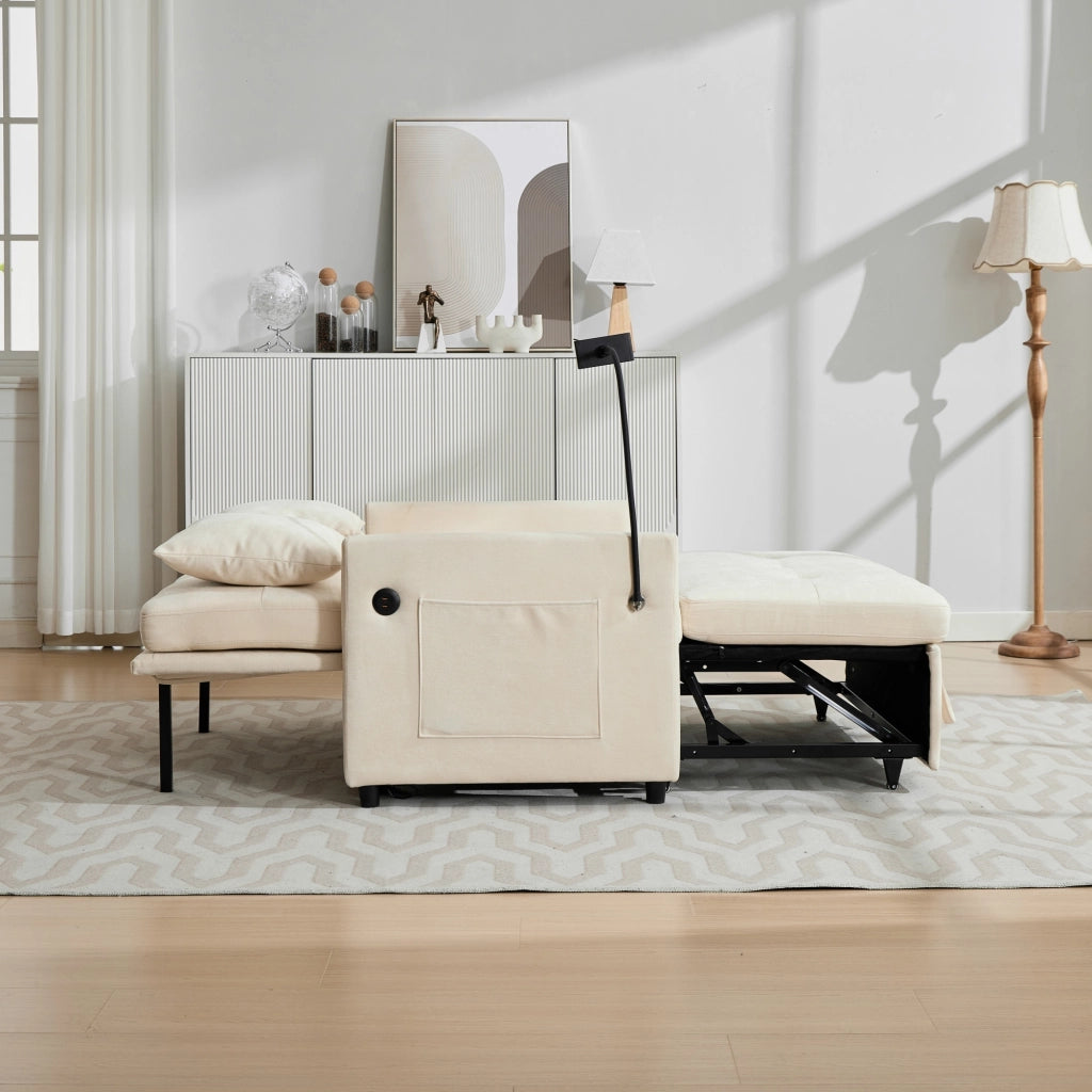 Divano letto multifunzione con porta USB e supporto tablet in tessuto lino spazzolato beige 109 × 72 × 83,5 cm