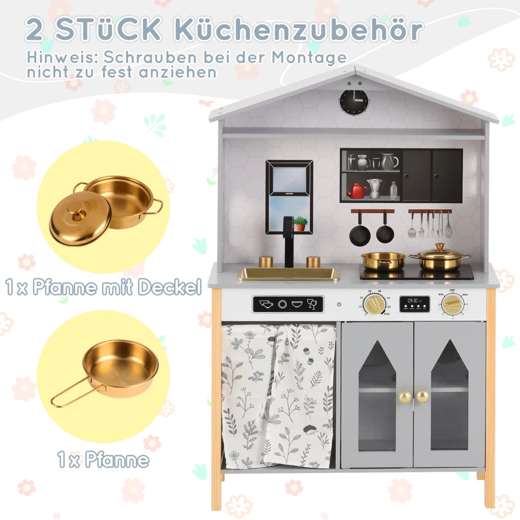 Cucina giocattolo per bambini con rubinetto, fornello, lavello, armadietto e spazio in MDF grigio 28.5 × 60 × 92 cm