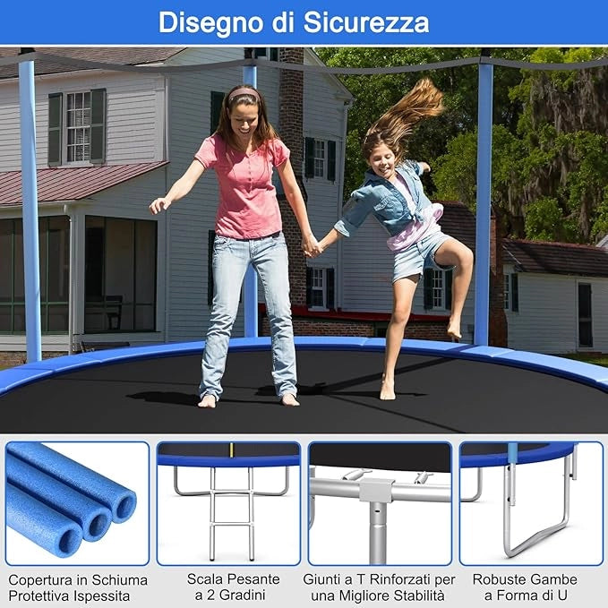 Tappeto Elastico per Bambini 244/305/366/427cm Certificato GS, Trampolino Elastico da Interno ed Esterno con Rete, Tubi Galvanizzati Antiruggine e Scala