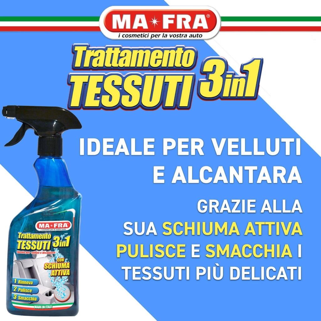 Trattamento Tessuti 3 in 1 Detergente Smacchiante e Ravvivante per Sedili e Tappezzeria Auto in Tessuto o Alcantara 500 ml Ma-Fra