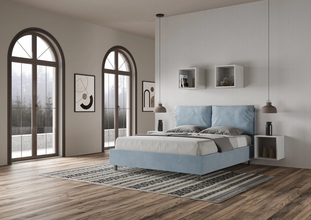 Letto Matrimoniale 160x210 cm con Rete e Contenitore Giroletto con Alzata Comoda Imbottito in Microfibra Antea Azzurro