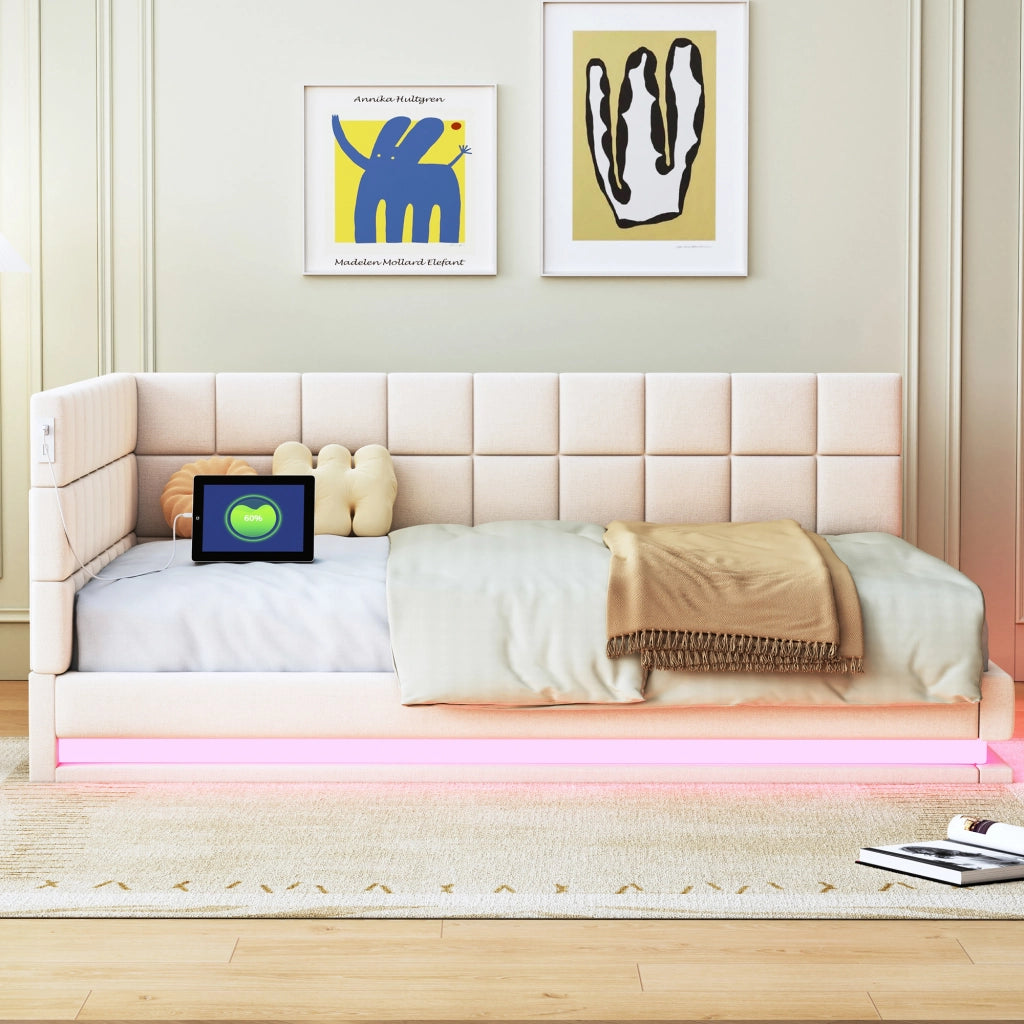 Letto imbottito matrimoniale 140×200 cm con LED; USB e rete a doghe; senza materasso; lino; beige
