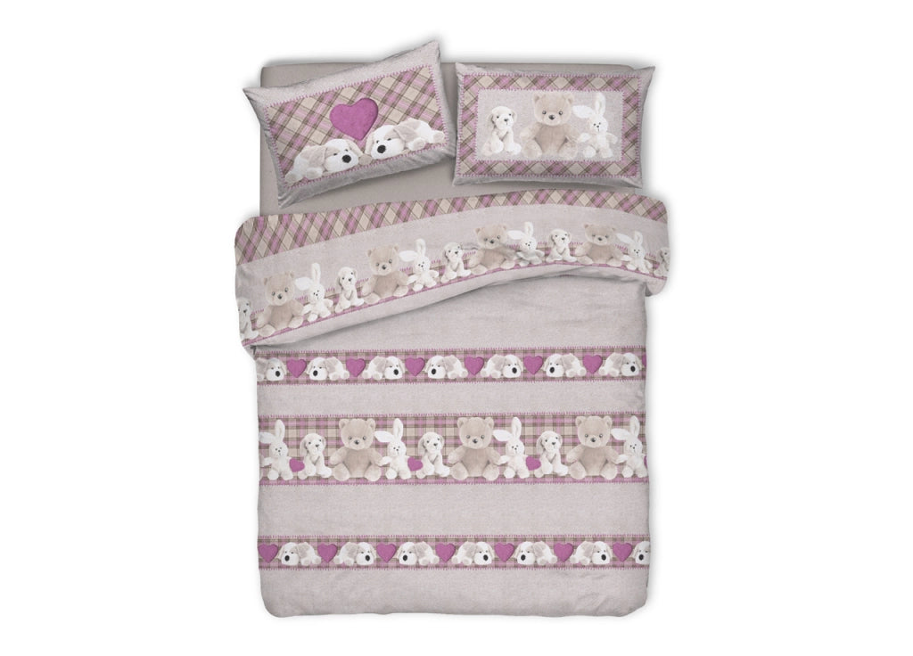 Copripiumino Sacco Piumone Pensieri Delicati Cotone Disegno Peluches - Singolo - Rosa