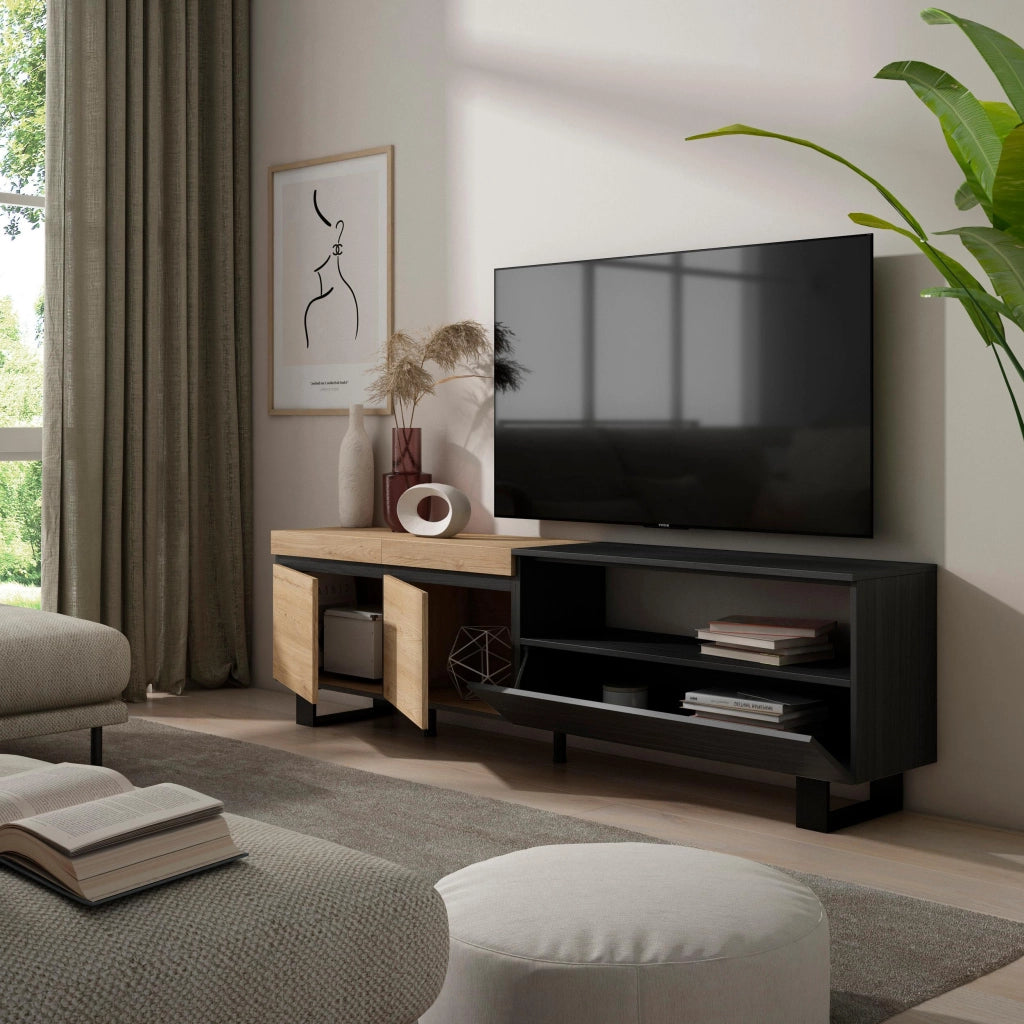Mobile TV, 200x35x57cm, soggiorno, Per TV fino a 80", Design industriale, colore Rovere e nero RF2263
