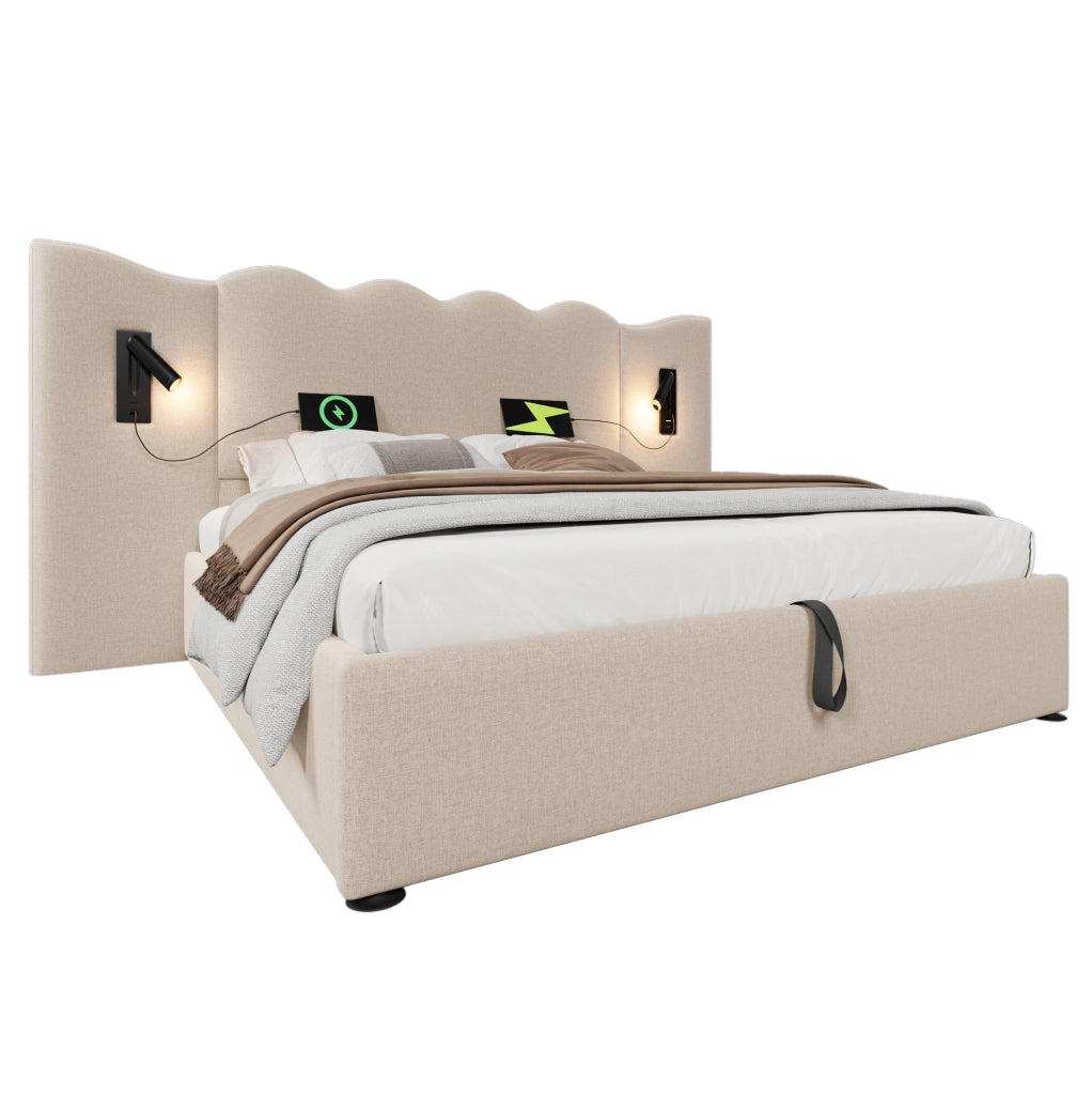 Letto contenitore 180x200 cm con lampada da lettura e ricarica USB e Type-C in lino beige