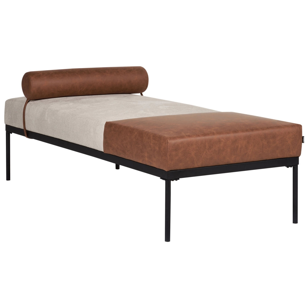 Chaise longue in lino sintetico ecopelle beige e marrone con gambe nere in ferro stile elegante