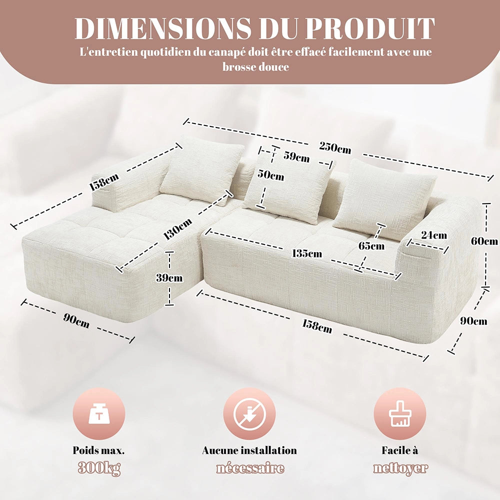 Divano modulare angolare - Xylo - 3 posti in L, chenille, beige, con pouf
