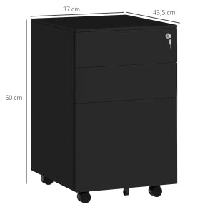 Cassettiera da ufficio mobile in acciaio con serratura e 3 cassetti, nera
