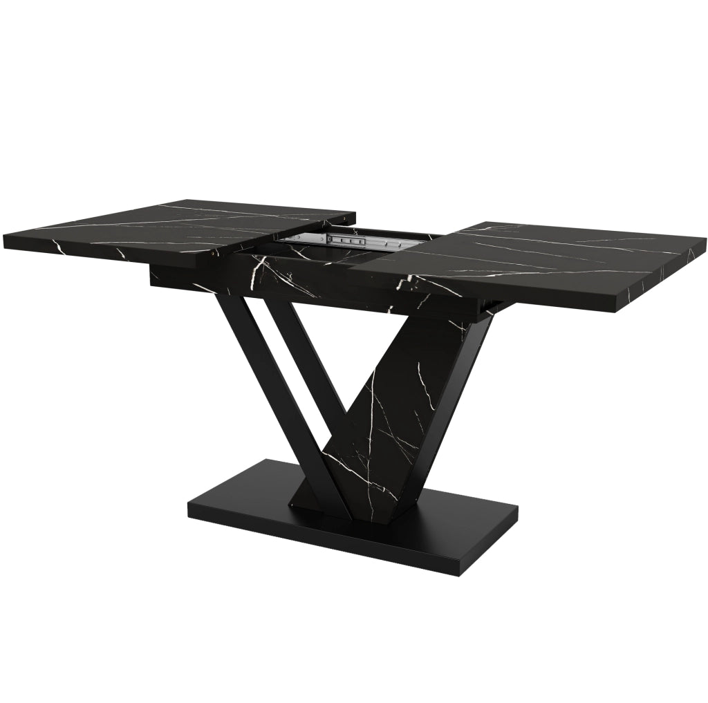 Tavolo da pranzo allungabile 120x75x75.5 cm; design telescopico con piano marmorizzato; MDF e metallo nero