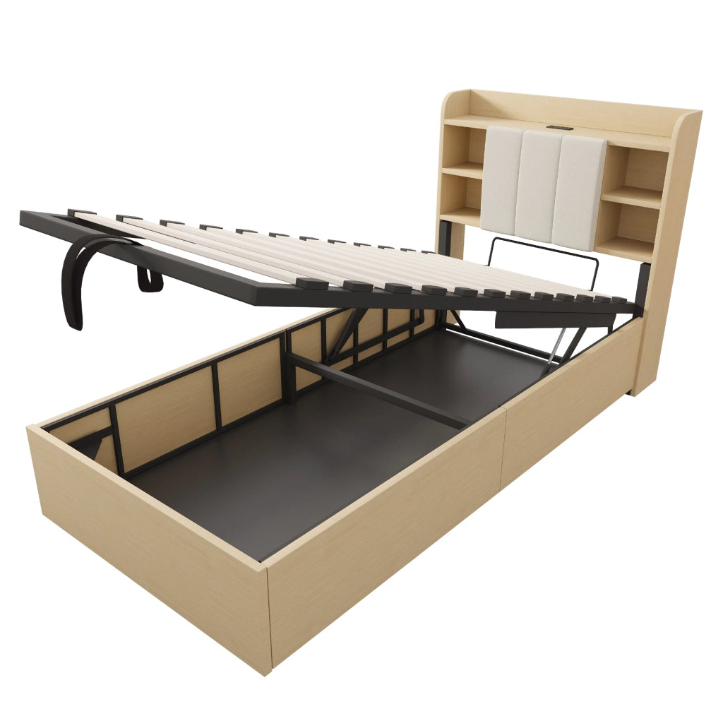 Letto singolo 90x200 cm con sollevamento idraulico; testiera con vani portaoggetti e prese USB Type-C; effetto legno naturale