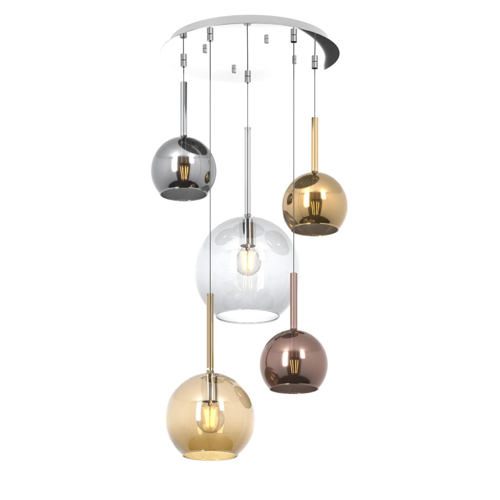 Lampadario Contemporaneo Future Metallo Cromo Vetro Mix Multicolor 5 Luci E27
