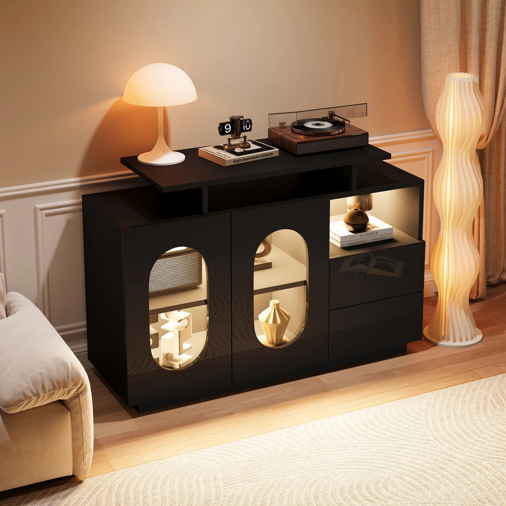 Elegante sideboard LED nero - Zephmum- Porte in vetro ovali, fronte lucida, design moderno