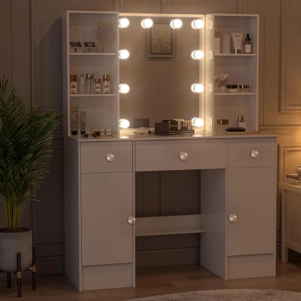 Toeletta con specchio e sgabello, scrivania con 3 cassetti e 4 ripiani, scrivania per trucco con luci LED regolabili, tavolo da trucco per camera da letto, 100 x 40 x 140 cm, bianco, HZ661223