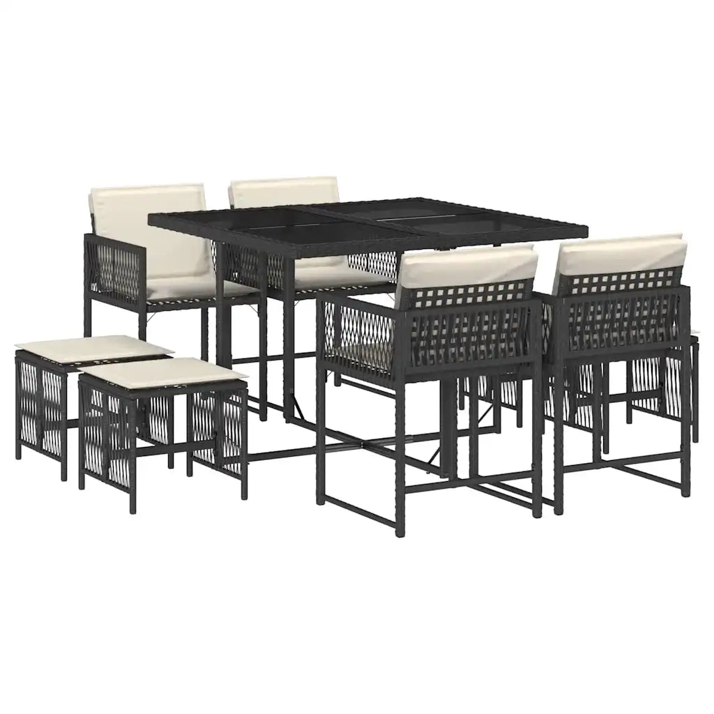 Set da Pranzo da Giardino 9 pz con Cuscini Nero in Polyrattan 3211494