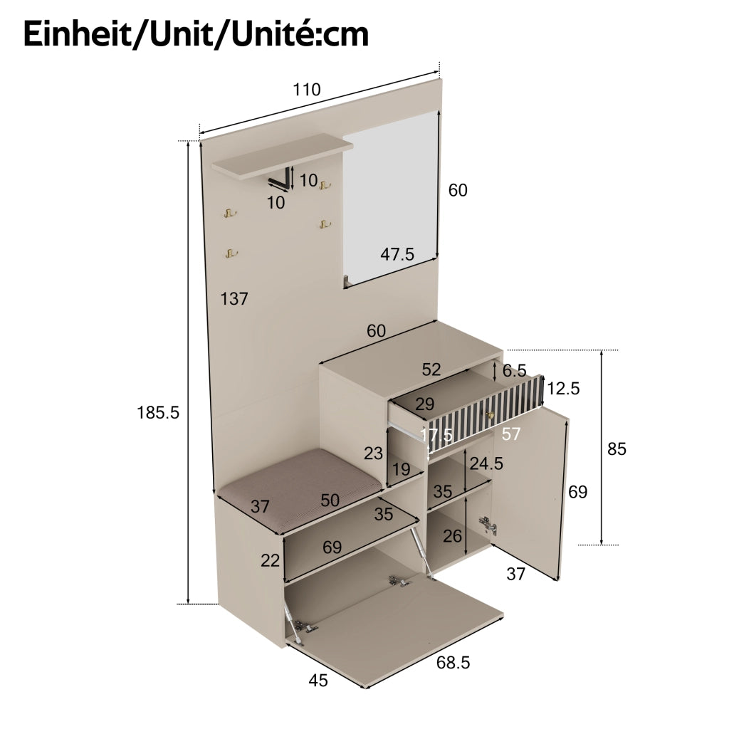 Mobile Ingresso con Specchio; 2 Ante; 1 Cassetto e Ripiani Regolabili; Seduta Imbottita; in MDF; 110??37??185;5 cm; Beige