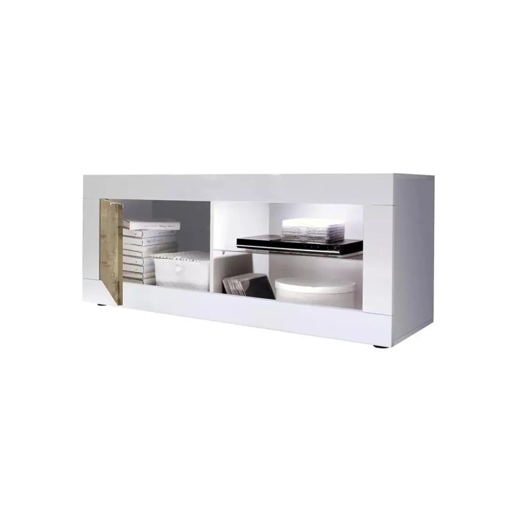 Mobile TV 1 porta, collezione ISORA, colori bianco lucido laccato e rovere chiaro