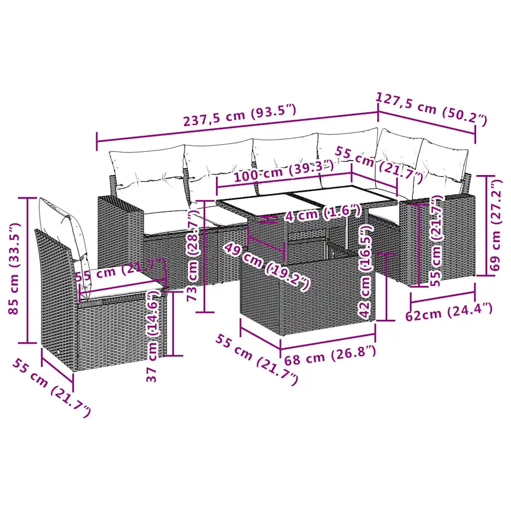 Set Divani da Giardino 7pz con Cuscini Grigio Chiaro Polyrattan