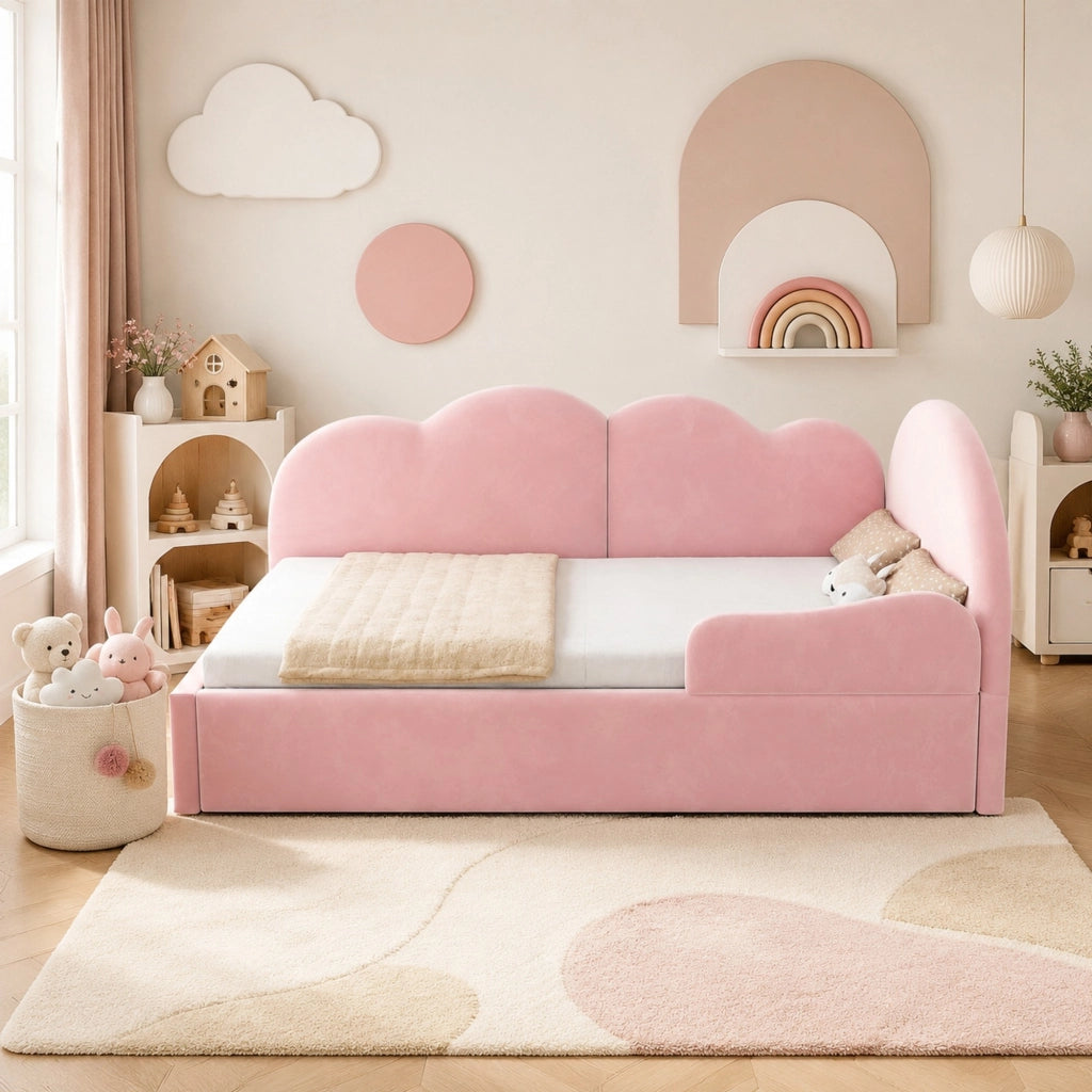 Letto imbottito 90x200 cm convertibile in 180x200 cm in velluto rosa