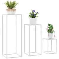 Set di 3 supporti per piante quadrato in metallo impilabile interno ed esterno, per giardino, balcone, casa, bianco