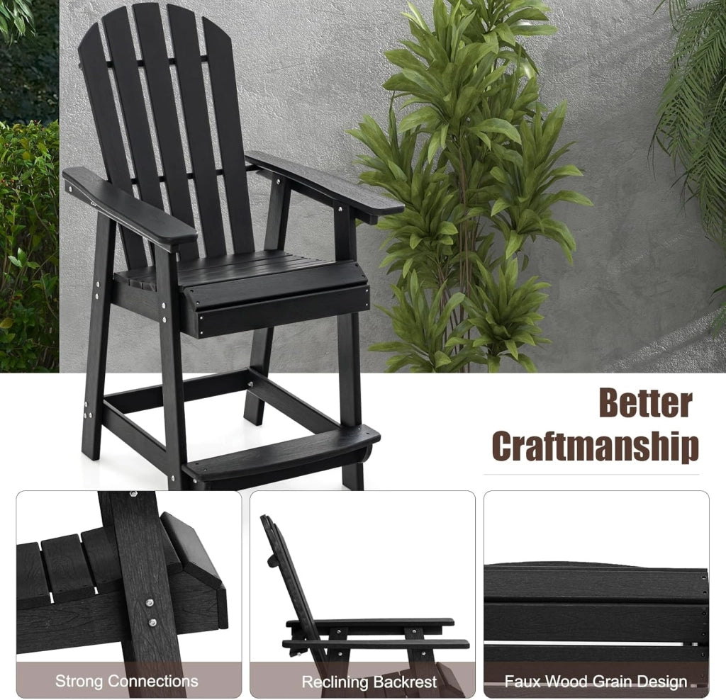Sedia alta da giardino con poggiapiedi, sedia Adirondack in HDPE, seduta esterna con braccioli e schienale, sgabello per patio, terrazza, balcone, carico 150 kg, 70 x 85 x 119 cm (nero)