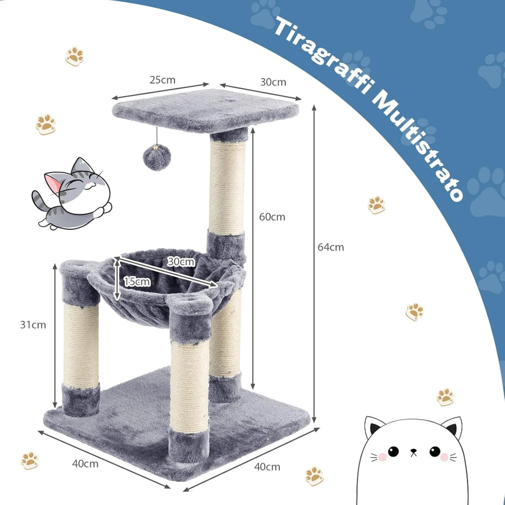 Tiragraffi per Gatti, Albero Tiragraffi Gatto con Amaca, Piattaforma, Tiragraffi in Sisal e Pallina, Tiragraffi da Divano in Legno per Gatti Piccoli, 40 x 40 x 64 cm (Grigio)