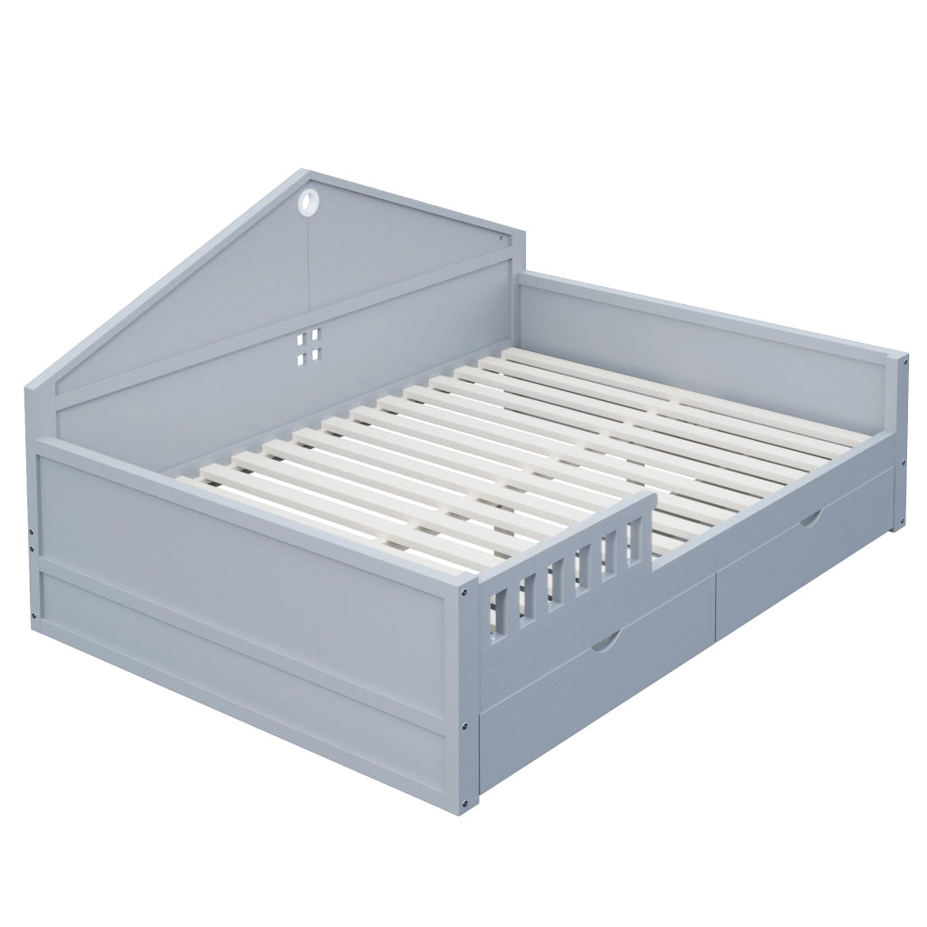 DESMIU Letto singolo 140 × 200 cm con LED, 2 cassetti, senza materasso, in legno massiccio e MDF, grigio