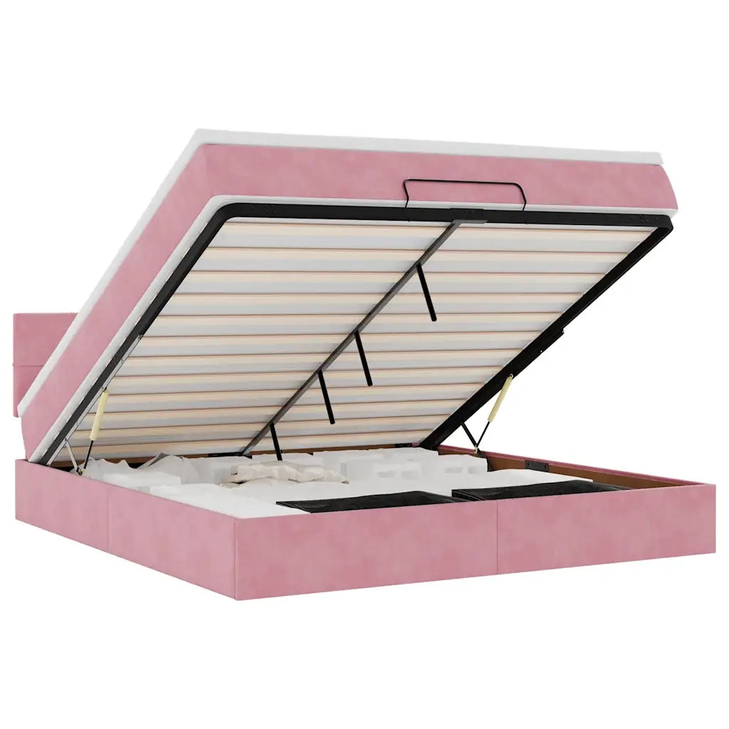 Pouf Letto con Materasso e LED Rosa 180x200cm in Velluto
