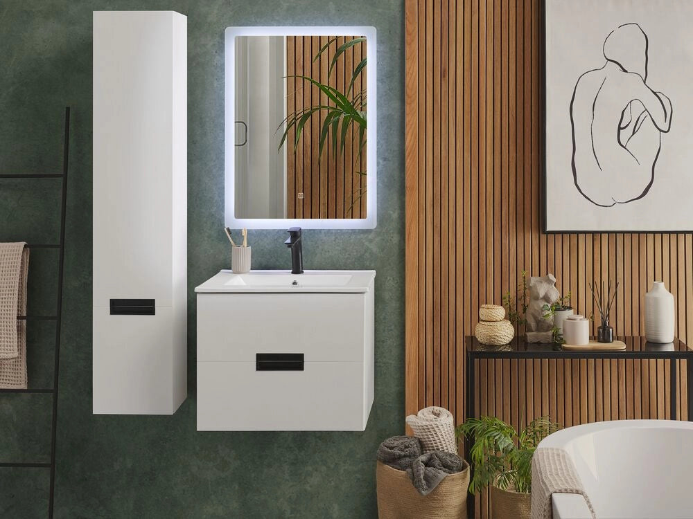 Set di 3 mobili da bagno in MDF bianco con lavabo in ceramica montaggio a parete mobiletto alto specchio rettangolare a LED