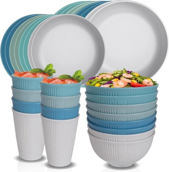 Set di servizio per 8 persone con piatti, ciotole e tazze - Leggero e resistente agli urti - Adatto per il camping e i servizi per bambini - Blu e bianco - Plastica ecologica