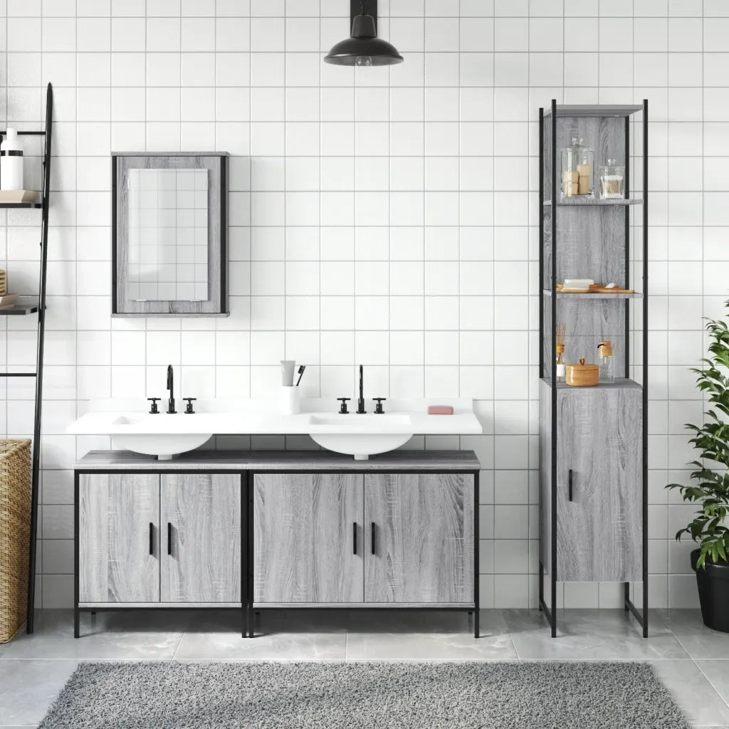 Set Mobili da Bagno | Armadio da bagno 4 pz Grigio Sonoma in Legno Multistrato