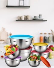 Bowl salade in acciaio inossidabile con coperchio ermetico, 7 pezzi