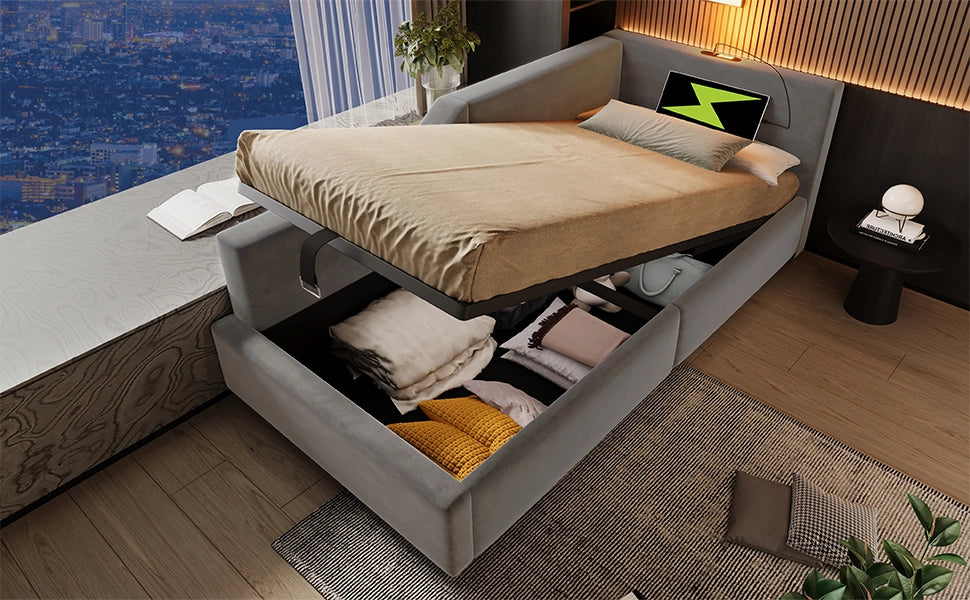 DESMIU Letto con contenitore 90 × 200 cm 1 piazza con lampada da lettura, USB, Type-C e vano, senza materasso, grigio