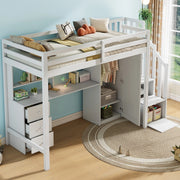 OKWISH Letto a Castello 90×200 cm, Letto Singolo con Scrivania, Armadio, Cassetti e Contenitori nella Scala, senza Materasso, Bianco