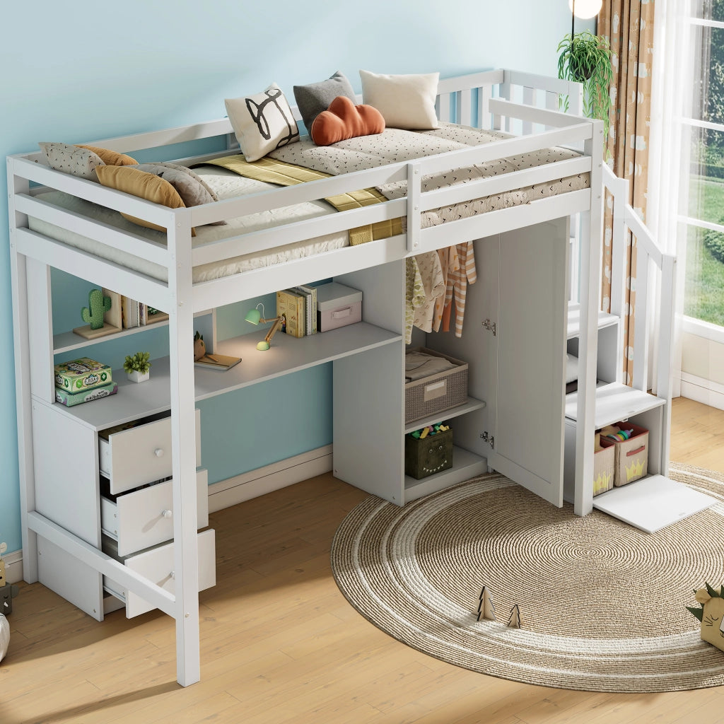 OKWISH Letto a Castello 90×200 cm, Letto Singolo con Scrivania, Armadio, Cassetti e Contenitori nella Scala, senza Materasso, Bianco