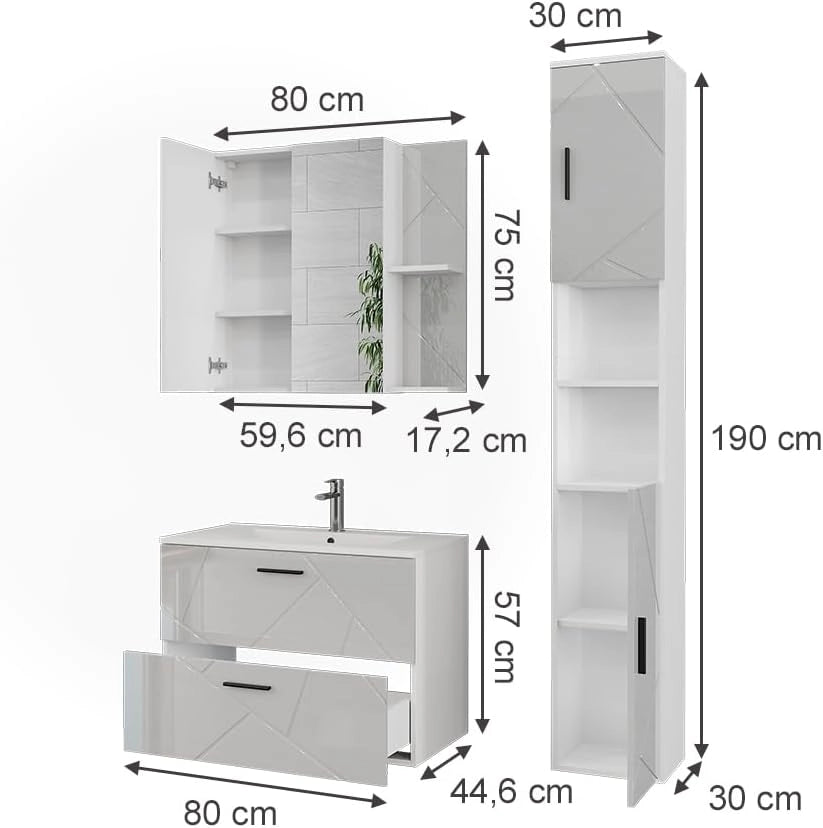 Set di mobili da bagno Irma, Bianco/bianco lucido, 80 cm, composto da mobile sottolavabo con lavabo, armadio alto e specchio da bagno