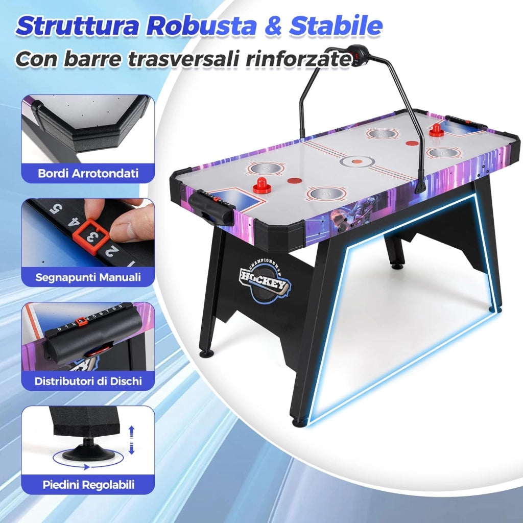 Tavolo Air Hockey, Tavolo da Gioco con Segnapunti Digitale LED 2 Spintori e 2 Dischi, 12V Potente Motore, per Casa Sala Giochi e Ufficio, 144 x 68 x 81 cm