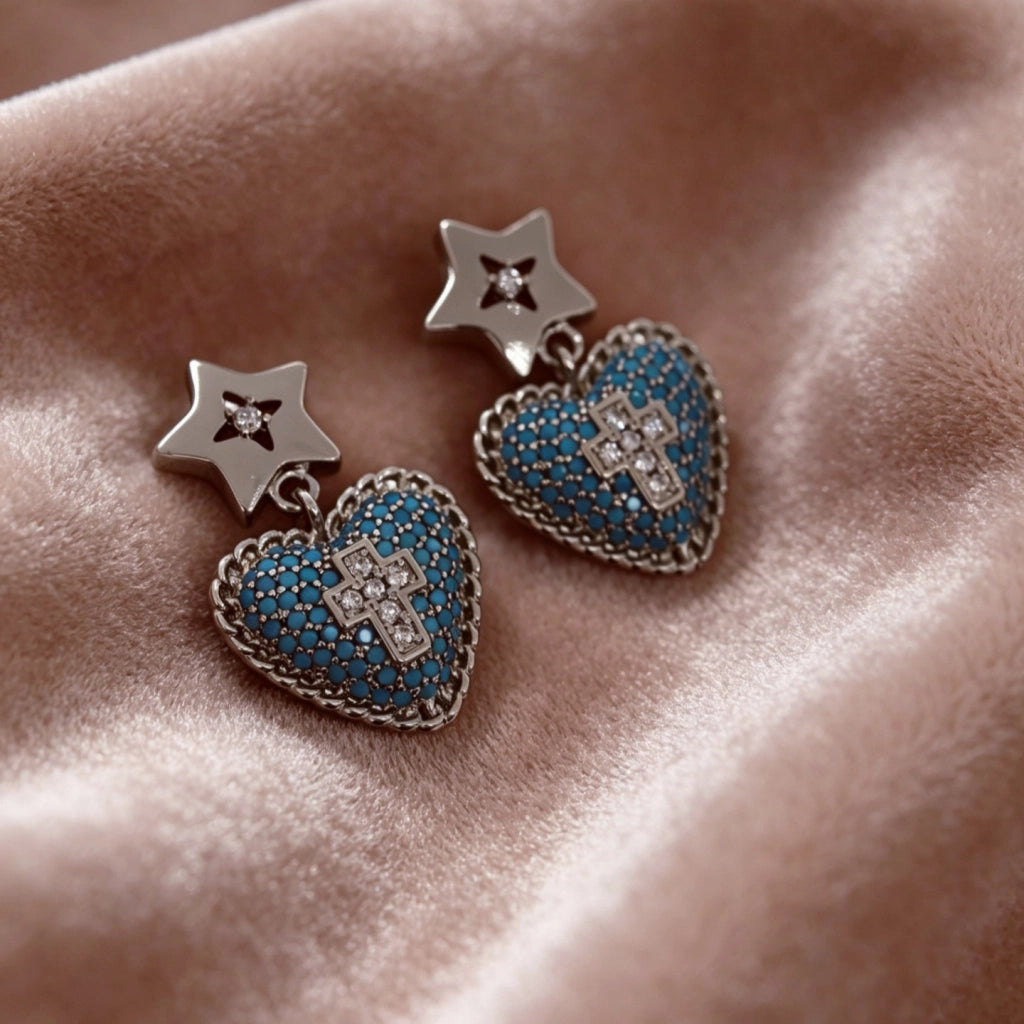 Orecchini a forma di cuore con stella a cinque punte in turchese blu, design squisito e unico, orecchini a croce con zirconi, orecchini a forma di stella e di cuore.