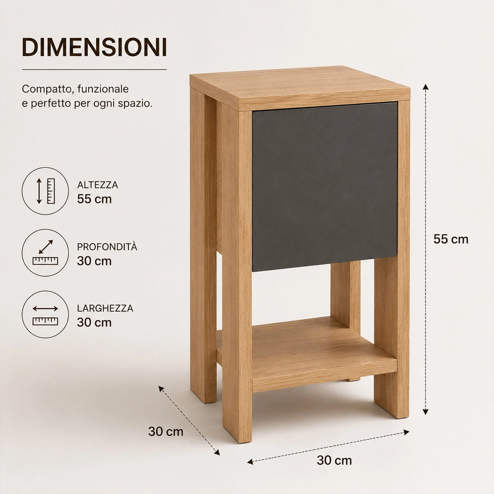 Comodino Mobiletto 2 Ripiani Anta Ribalta Tavolino Moderno Quercia e Antracite