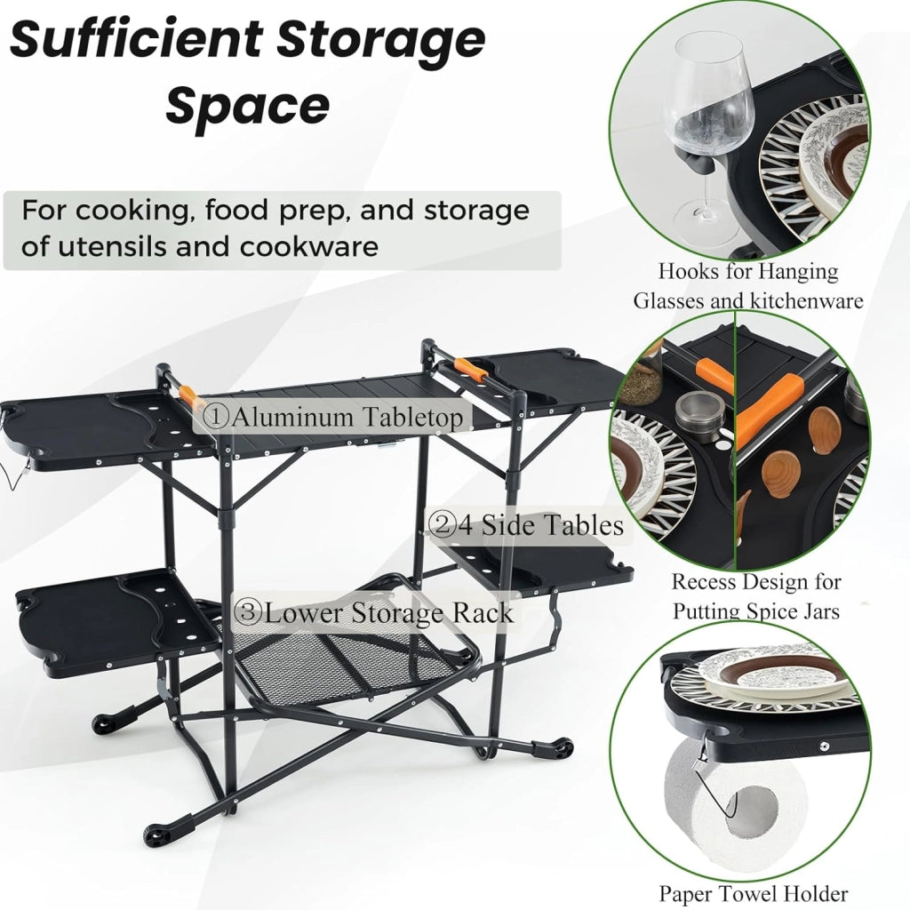 Tavolo da Giardino Pieghevole, Tavolo da Pranzo Portatile con 4 Tavoli Laterali, Mensola Portaoggetti, Borsa, Piano in Alluminio, Tavolo da Esterno Rettangolare da Picnic, BBQ, Patio, Nero