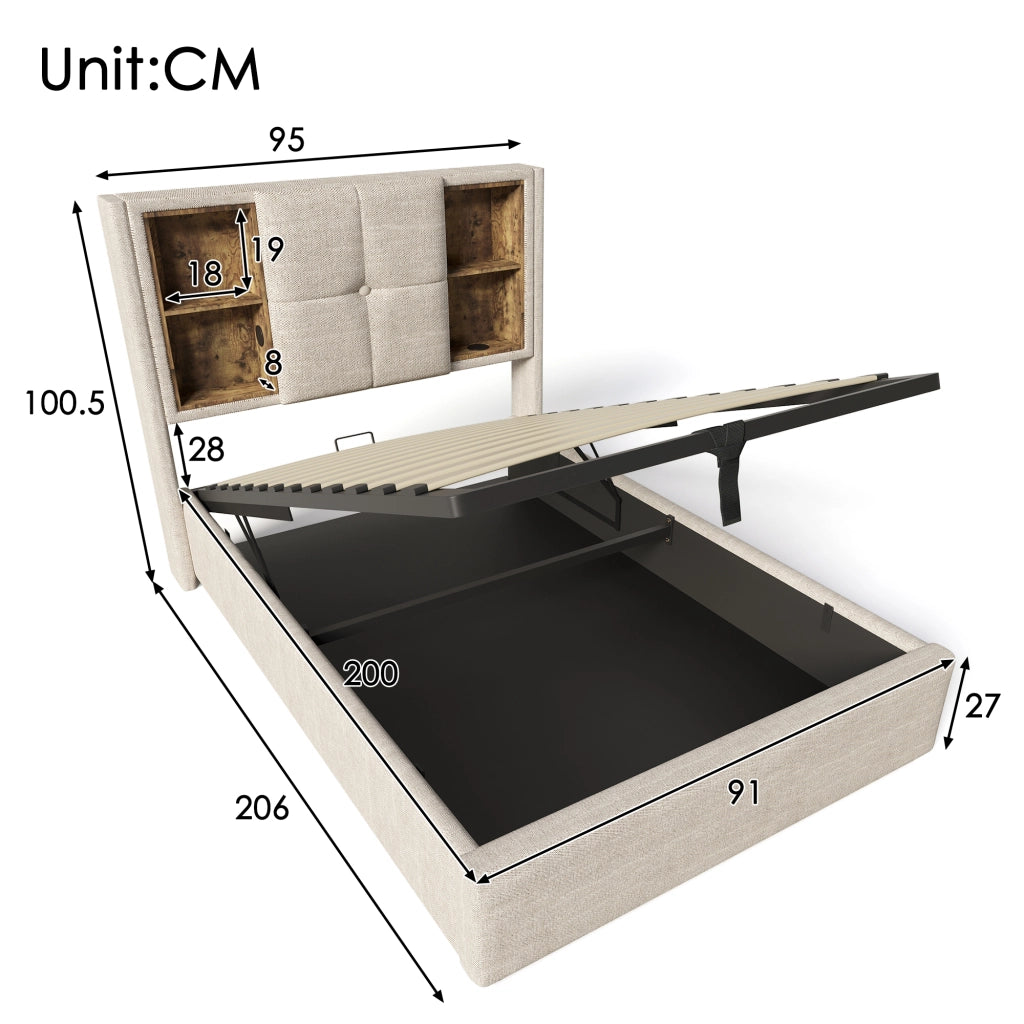 OKWISH Letto Contenitore 90×200 cm, Letto Singolo con Ricarica Wireless, USB e Tipo C, Testiera con Vani a Giorno, senza Materasso, Lino Naturale