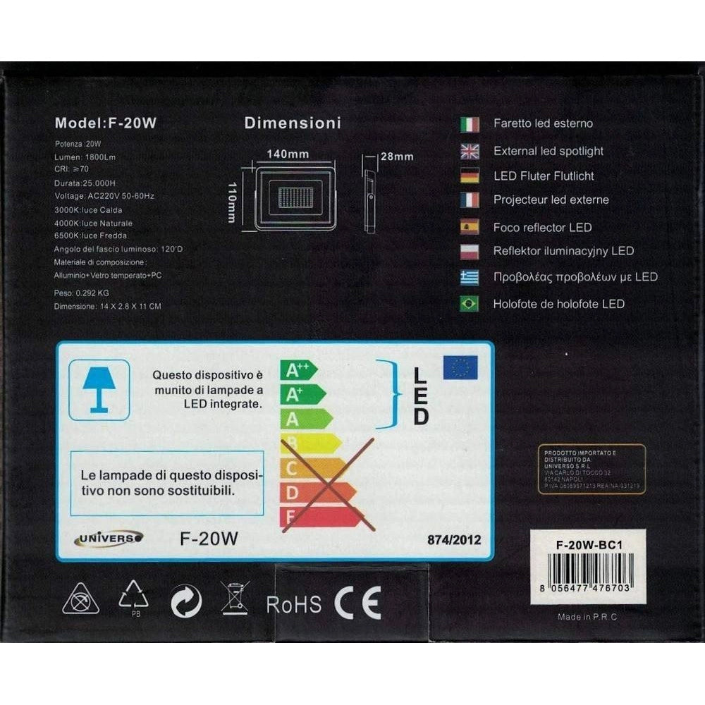 Trade Shop - Faretto Proiettore Da Esterno 20w Bianco Ip65 Luce Calda Fredda Naturale F20w-b1 -