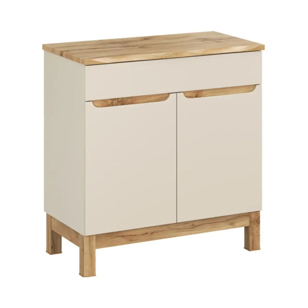 Set da bagno ERMANO cachemire e finitura quercia 80cm: mobile sotto lavabo + piano per lavabo bisellato