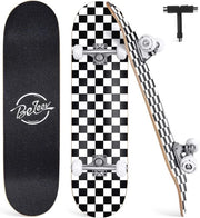 Tavolo da Skate completo da 8 pollici per principianti - 7 strati di abete canadese - Deck a doppia curvatura - Skate da passeggio per trick - Per bambini e adulti - Bianco Nero
