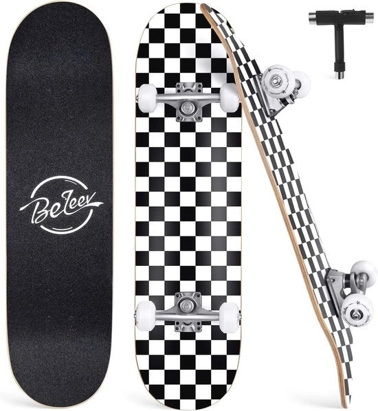 Tavolo da Skate completo da 8 pollici per principianti - 7 strati di abete canadese - Deck a doppia curvatura - Skate da passeggio per trick - Per bambini e adulti - Bianco Nero